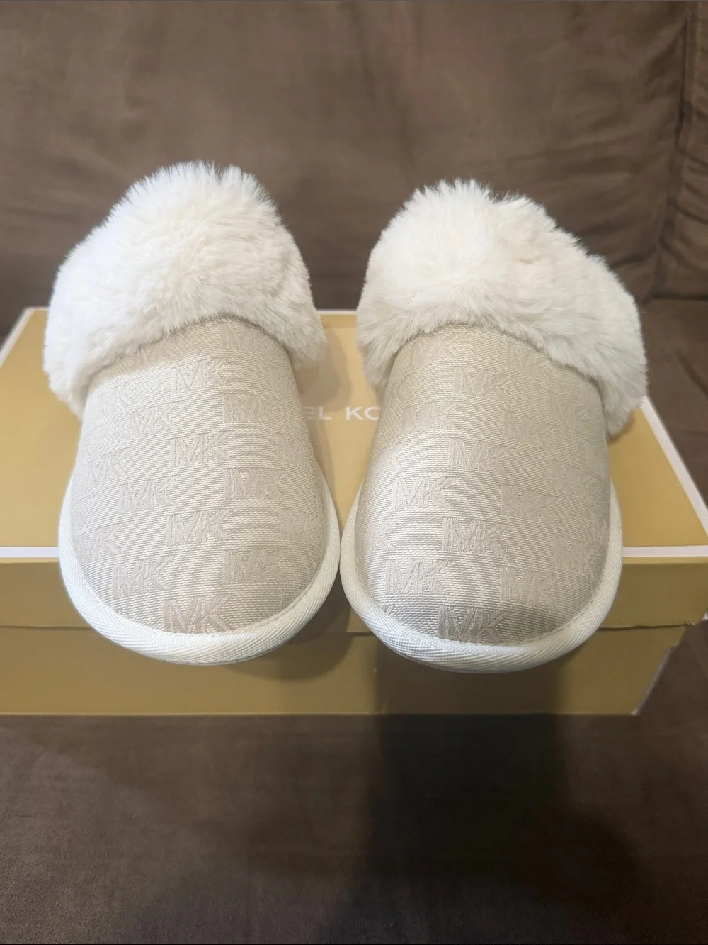 Michael Kors Tula Scuff Cream Faux-Fur Logo Slide Slippers